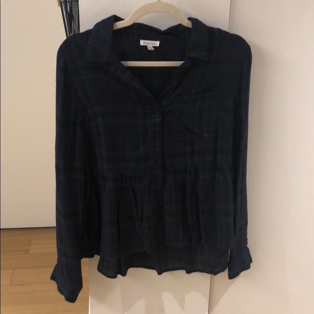 Blue and green plaid peplum button down